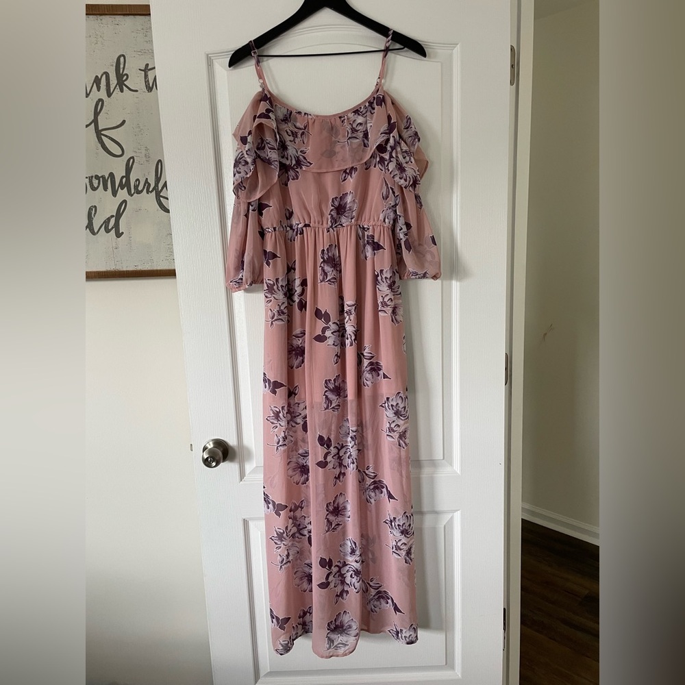 As U Wish - Pink Purple Floral Cold Shoulder Ruffle Maxi Dress - Size Small